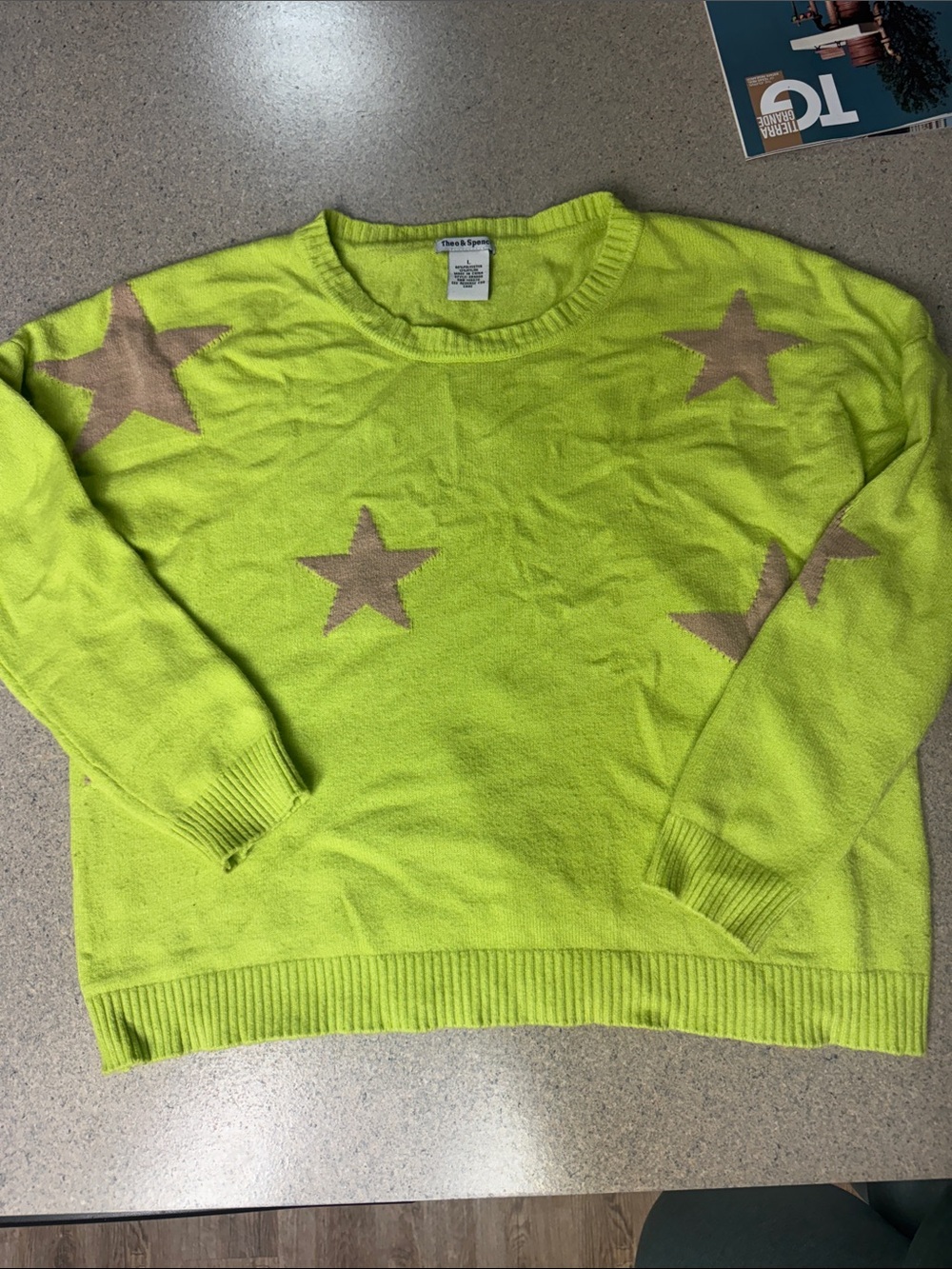 Theo & Spence Neon Lime Crewneck Sweater with Tan Star Motifs